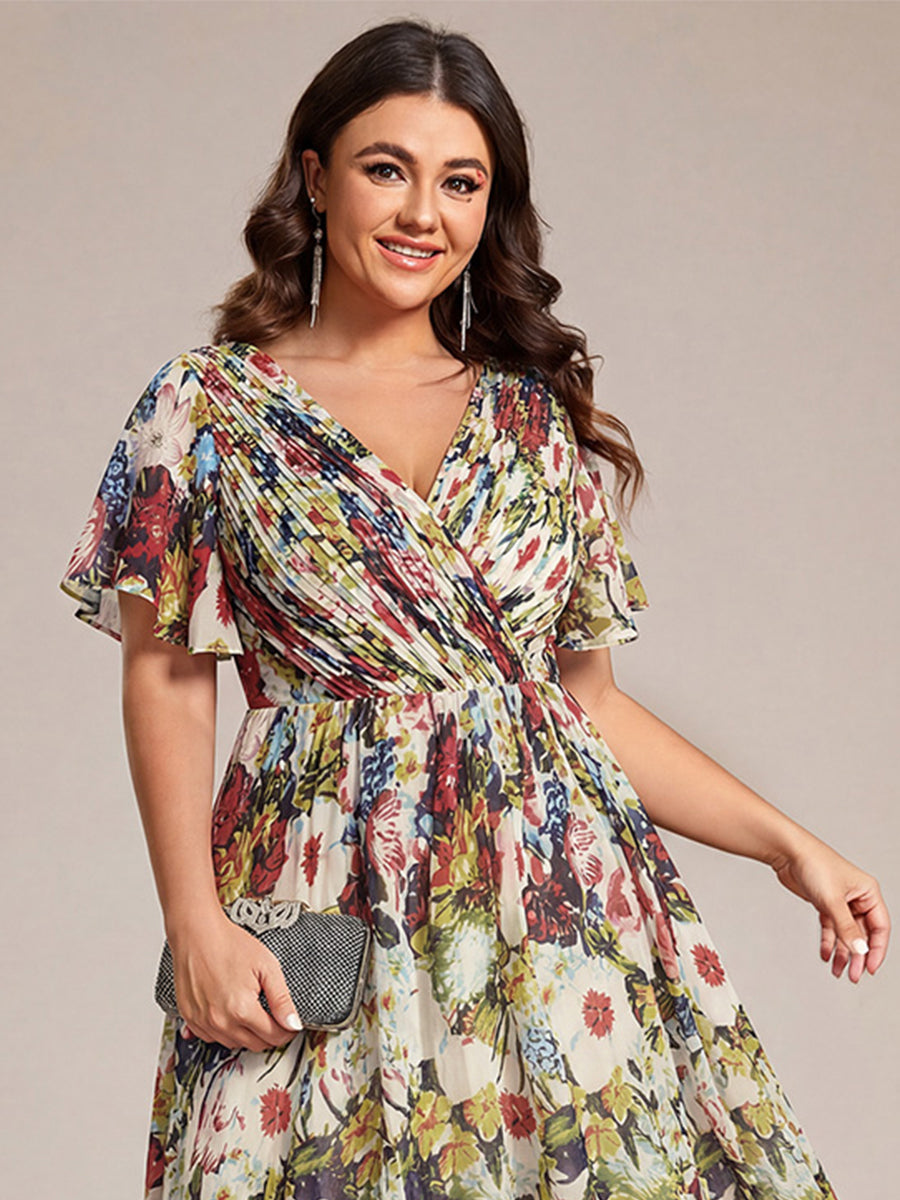 Plus Size Double V-Neck Ruffles Sleeve Chiffon Midi Wedding Guest Dress