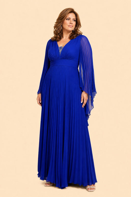 Ruched Mother of the Bride Dress with Batwing Sleeves and A-Line Skirt