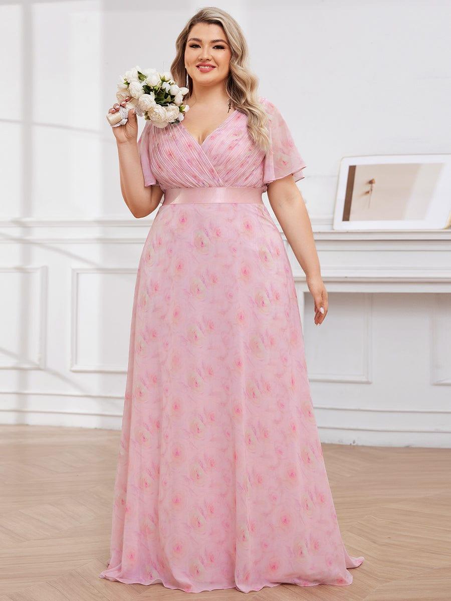 Plus Size Empire Waist V Back Bridesmaid Dress with Short Sleeves