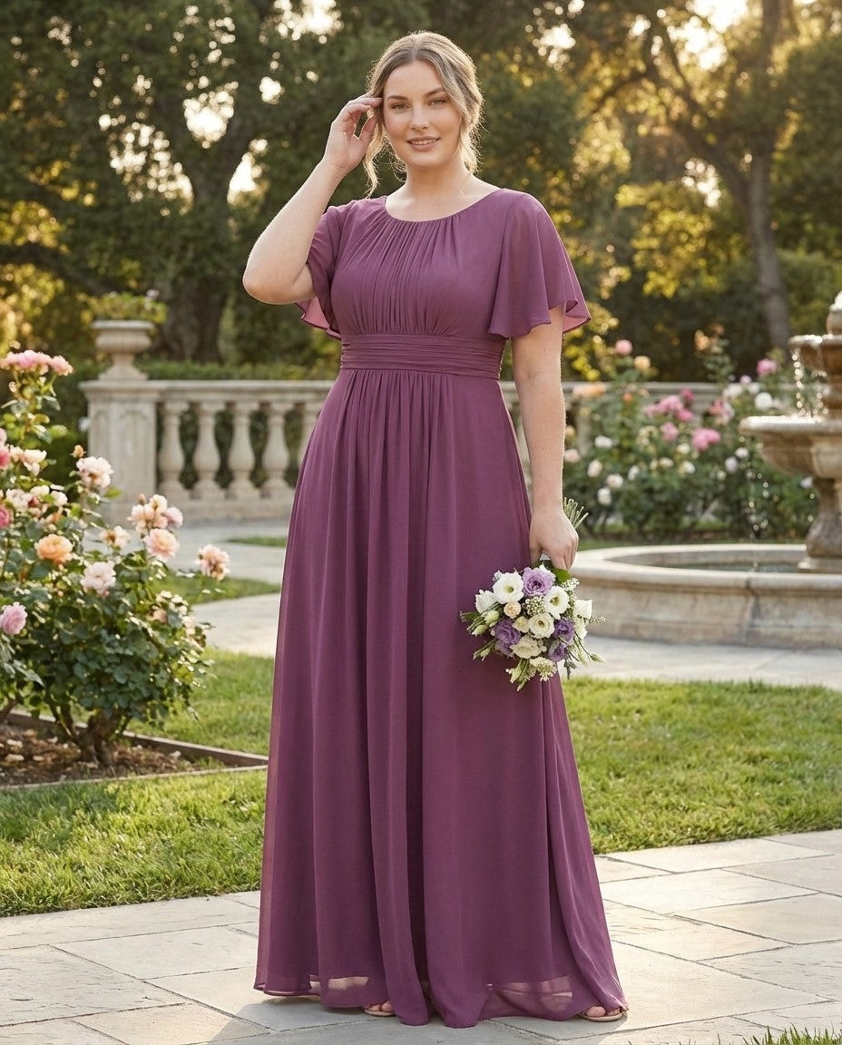 Petaline Plus Size Chiffon A-Line Bridesmaid Gown with Short Flutter Sleeves N0326