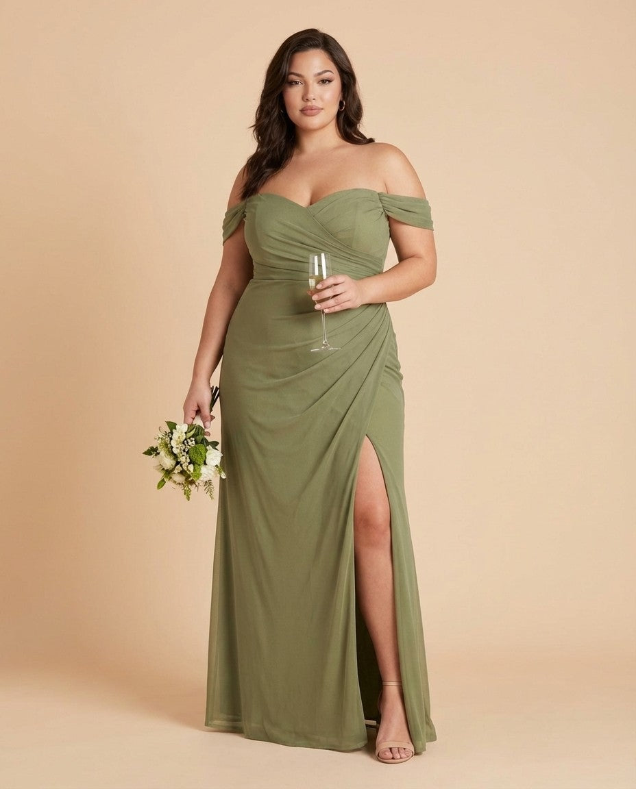 Elanthia Convertible Off-the-Shoulder Mesh Plus Size Bridesmaid Dress for Weddings - N0344