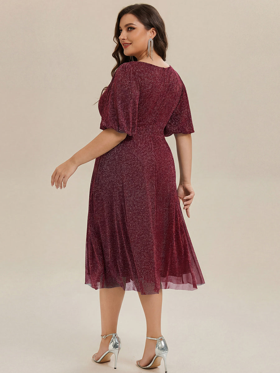 Plus Size Glitter Half Sleeve A-Line Wedding Guest Dress
