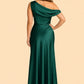 Floor Length Stretch Satin Bridesmaid Gown with Asymmetrical Neckline