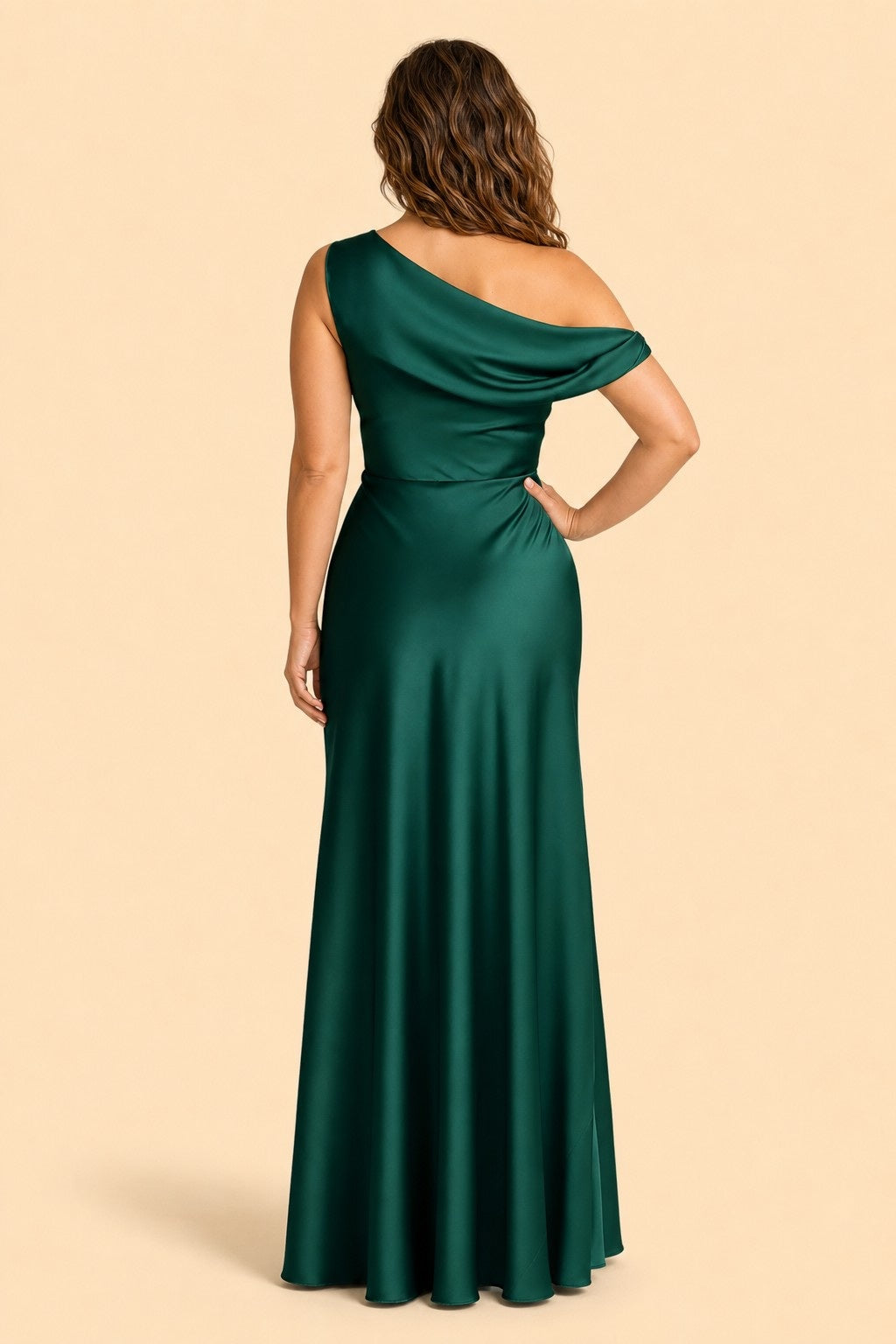 Floor Length Stretch Satin Bridesmaid Gown with Asymmetrical Neckline