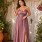 Plus Size Shimmer Bridesmaid Dress Deep V Pleated Slit A-Line Formal Evening Gown Elegant
