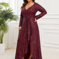 Plus Size Sequin V-Neck Long Sleeve High Slit Bodycon Evening Dress