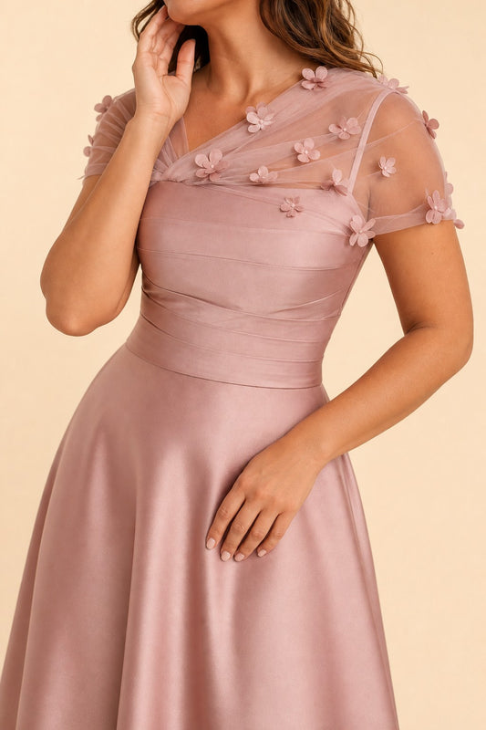 Plus Size Backless A-Line Formal Gown with Floral Appliqué and Satin Skirt