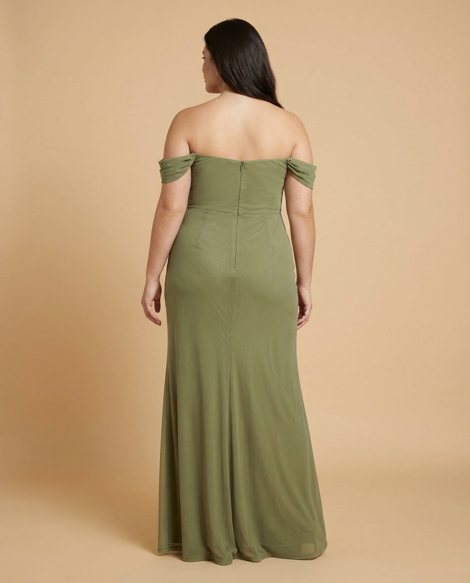 Elanthia Convertible Off-the-Shoulder Mesh Plus Size Bridesmaid Dress for Weddings - N0344
