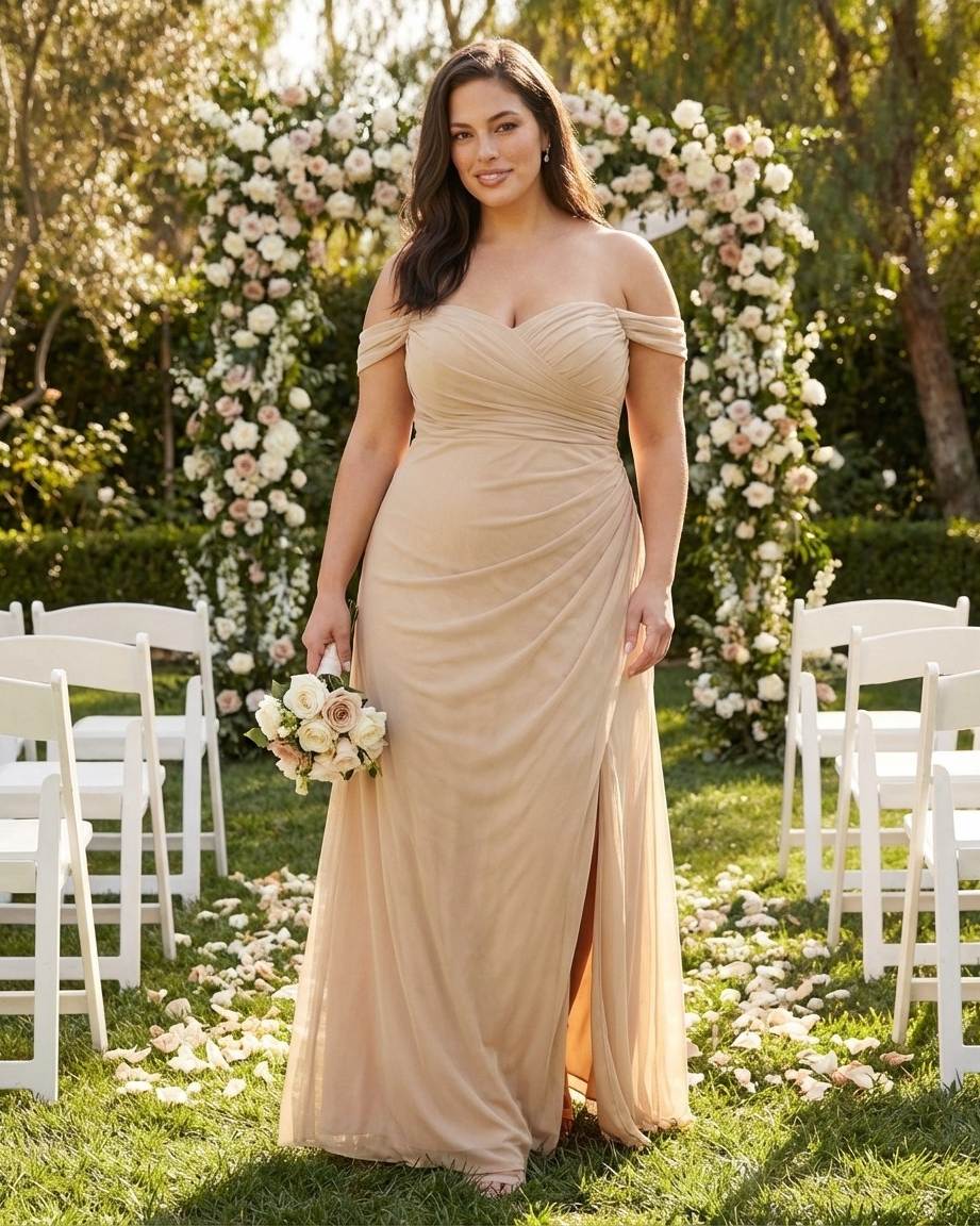 Elanthia Plus Size Modern Sheath Bridesmaid Dress with Ruched Bodice for Wedding -N0349