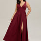Plus Size Sleeveless V-Neck Empire Waist High Slit Floor-Length Evening Dress