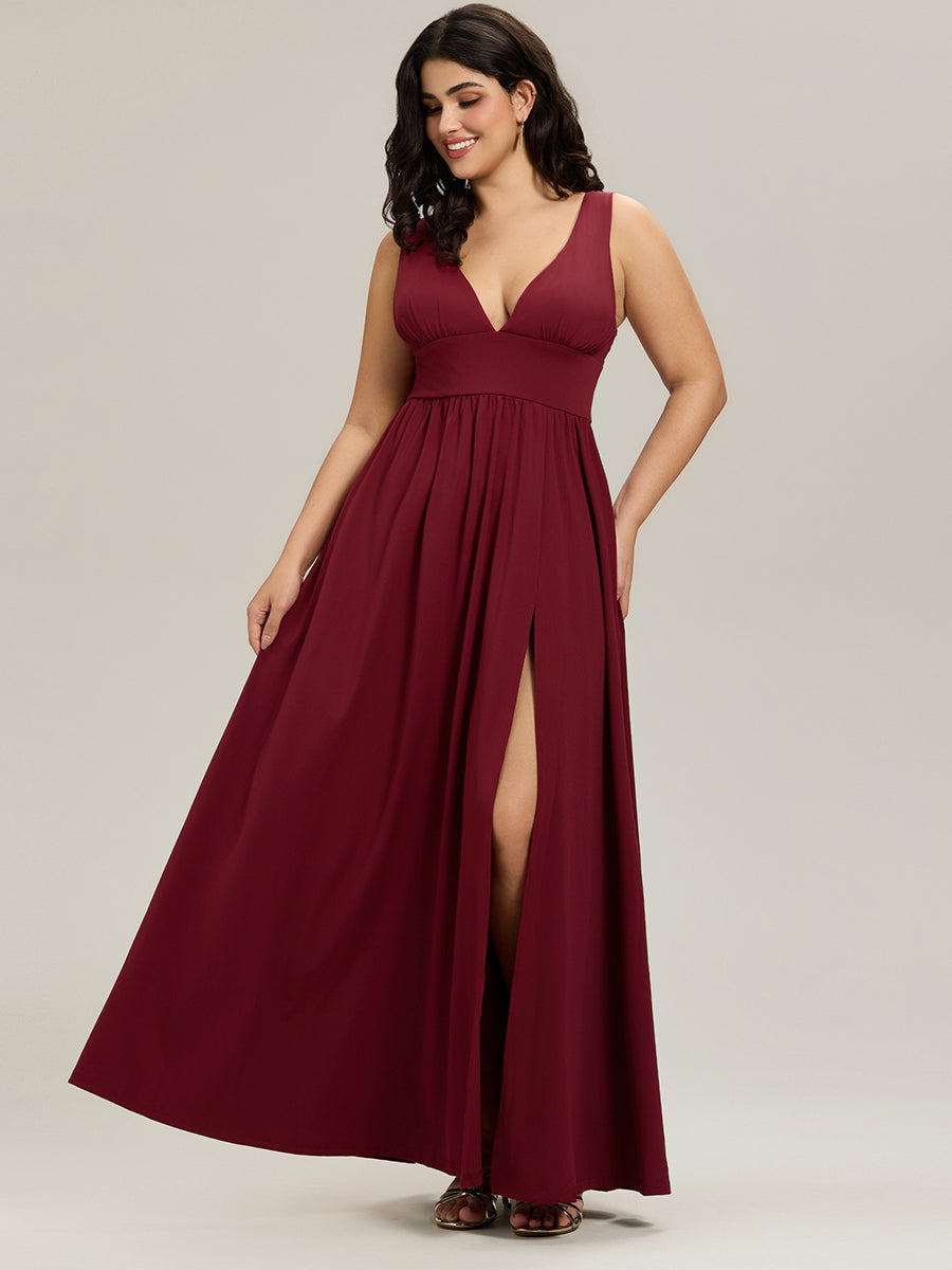 Plus Size Sleeveless V-Neck Empire Waist High Slit Floor-Length Evening Dress