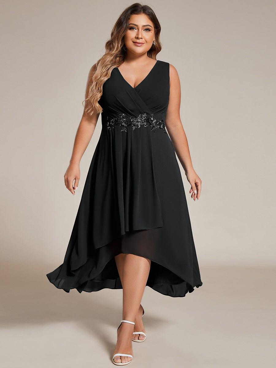 Sleeveless V-Neck High Low Plus Size Wedding Guest Dress with Floral Applique