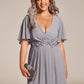 Plus Size Elegant Short Sleeves V-Neck Floral Applique Wedding Guest Dress