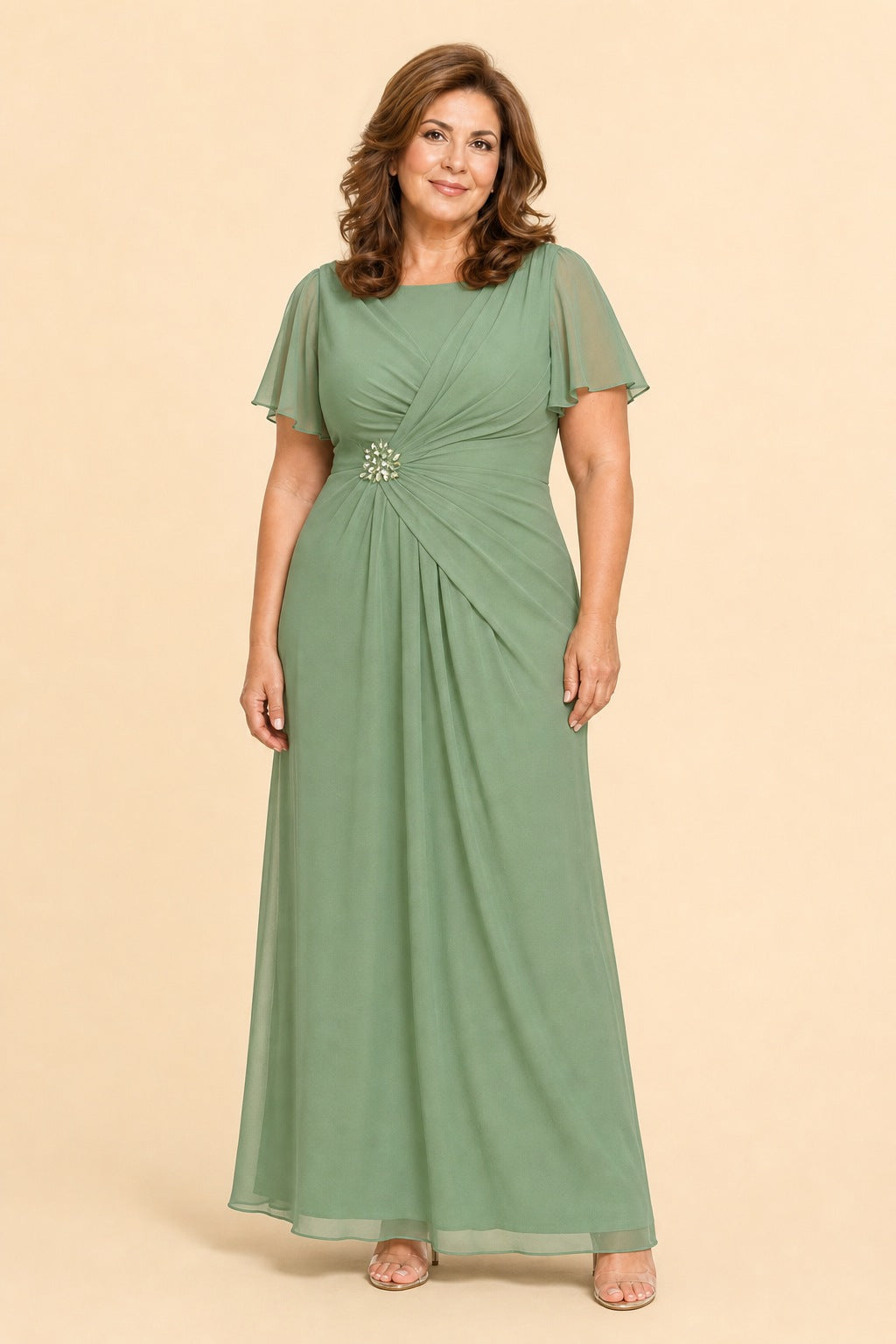 Plus Size A-Line Mother of the Bride Dress with Pleated Chiffon Flutter Sleeves