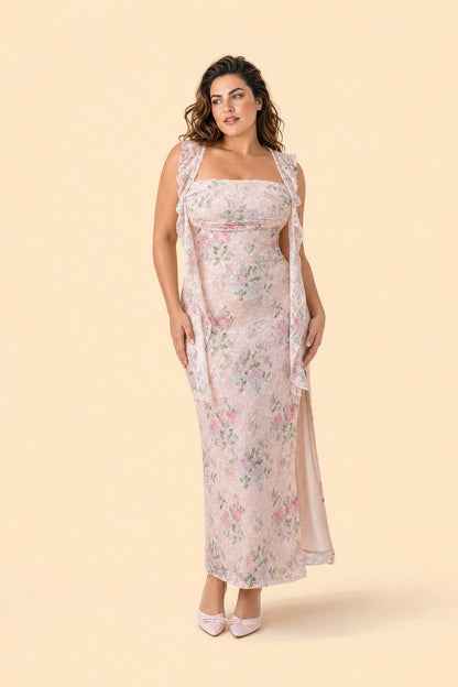 Elegant Plus Size Bridesmaid Dress Floral Lace Ruffle Slit Backless Maxi Gown Romantic Guest Dress