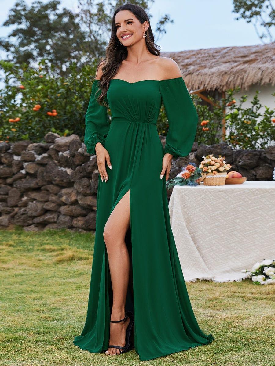 Plus Size High-Slit Waist Pleated Bridesmaid Dress with Long Sleeves