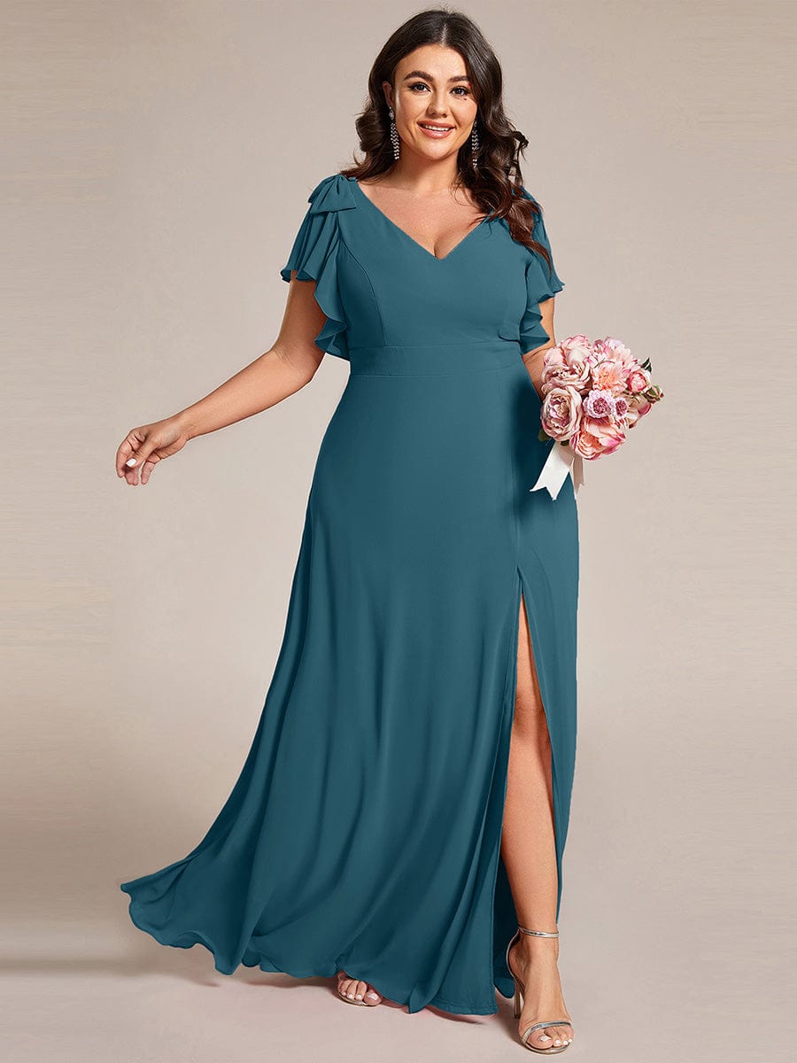 Plus Size Split Ruffles Sleeves with Bowknot Double V-neck Chiffon Bridesmaid Dress