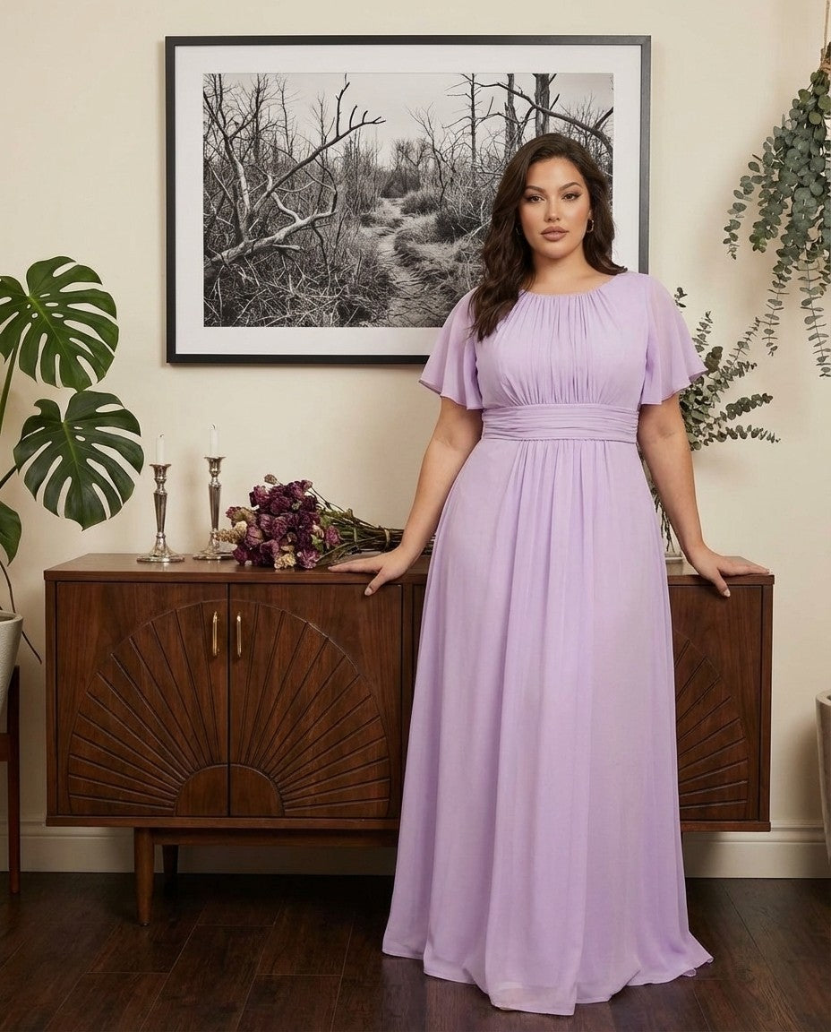 Petaline Plus Size Short Sleeve Chiffon Bridesmaid Dress N0322