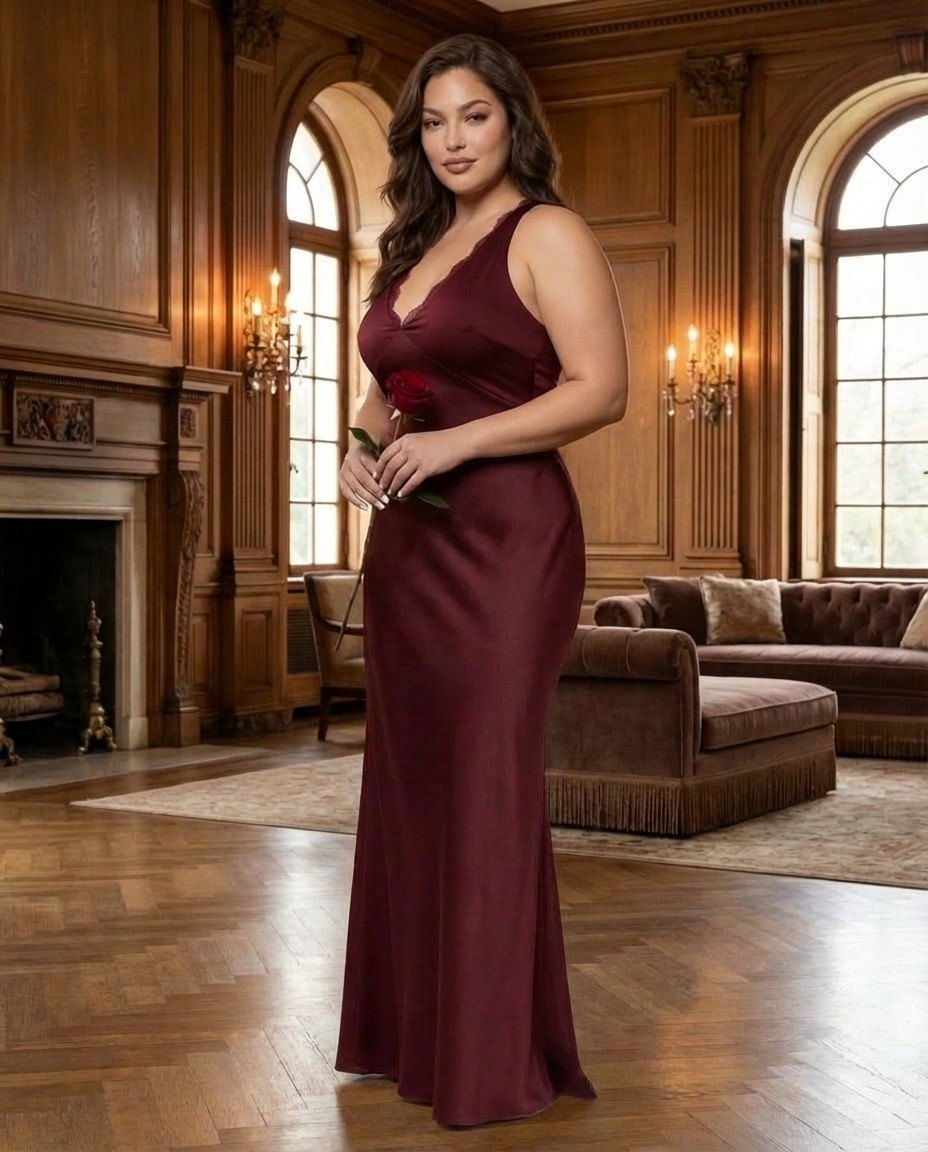 Silvarelle Romantic Sheath Stretch Satin Plus Size Bridesmaid Dress with V-Neck for Weddings - N0361