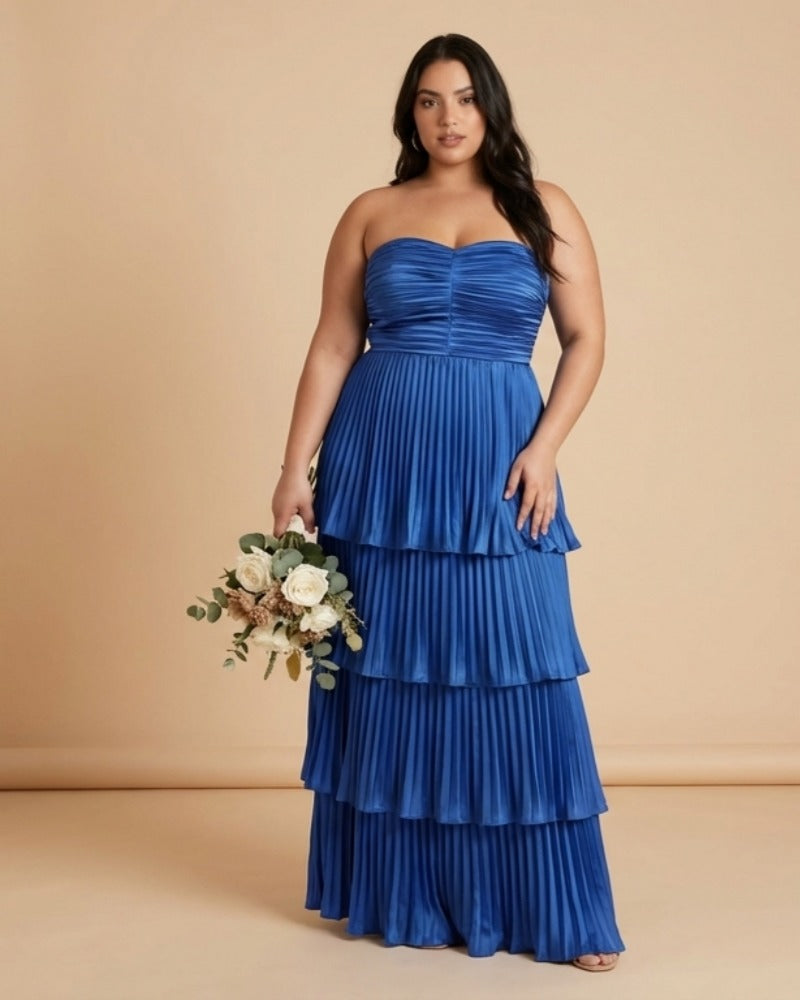 Chantarae Plus Size Romantic A-Line Ruffled Satin Bridesmaid Dress for Wedding Occasions -N0379