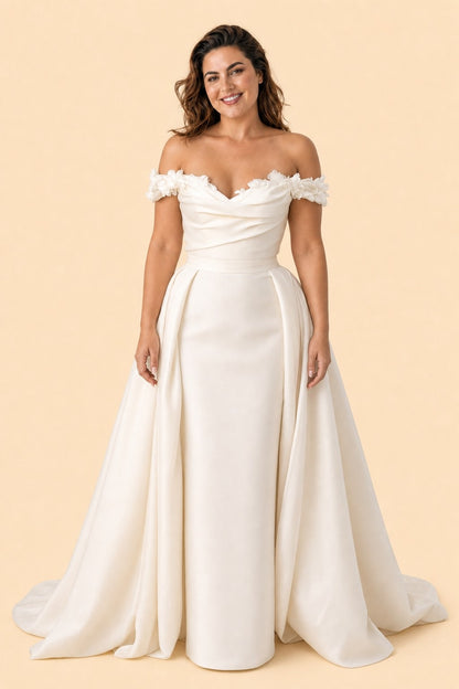Plus Size Off Shoulder Wedding Dress with Detachable Train and Lace Appliqués
