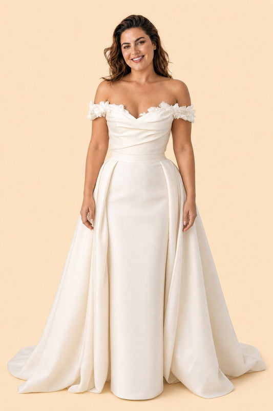 Plus Size Off Shoulder Wedding Dress with Detachable Train and Lace Appliqués
