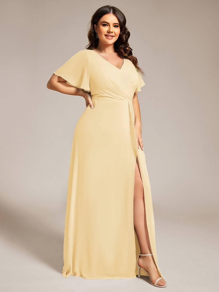 Plus Size High Slit V-Neck Empire Waist Chiffon Bridesmaid Dress