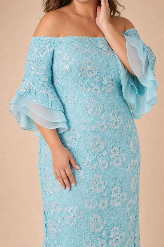 Plus Size Off Shoulder Sequin Lace Evening Gown in Airy Aqua for Weddings and Formal Events