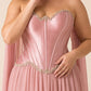 Scarvelle Plus Size Satin Prom Dress with Basque Waist and Pearl Corset
