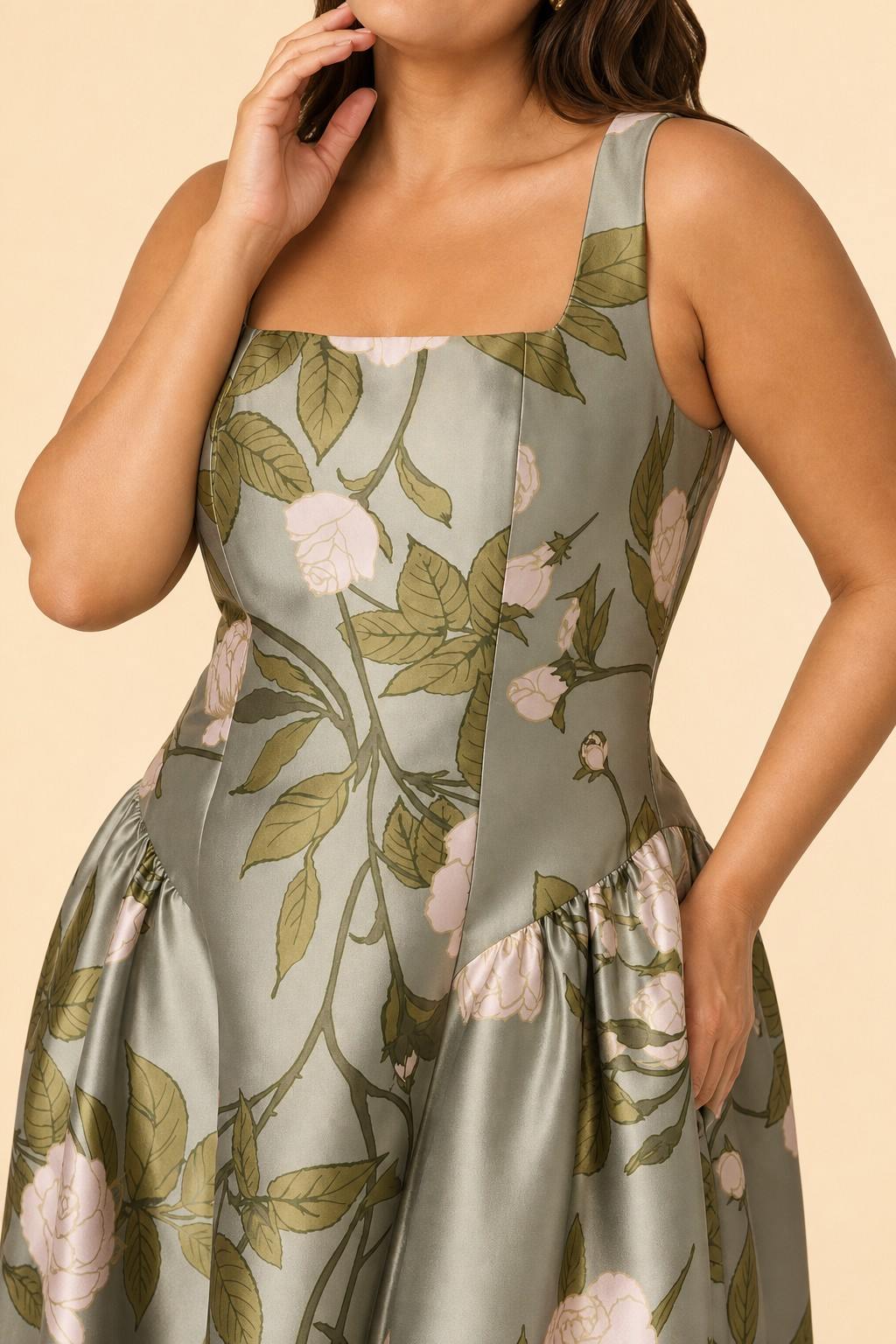 Elegant Floral Bridesmaid Ballgown Square Neck A-Line Dress