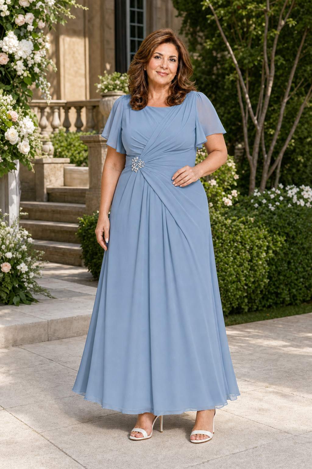 Plus Size A-Line Mother of the Bride Dress with Pleated Chiffon Flutter Sleeves