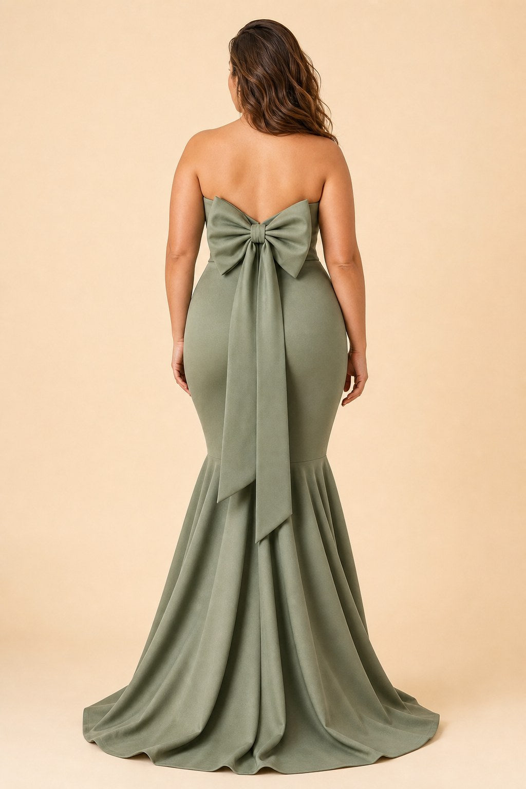 Plus Size Strapless Bridesmaid Dress with Bow Back and Chapel Train