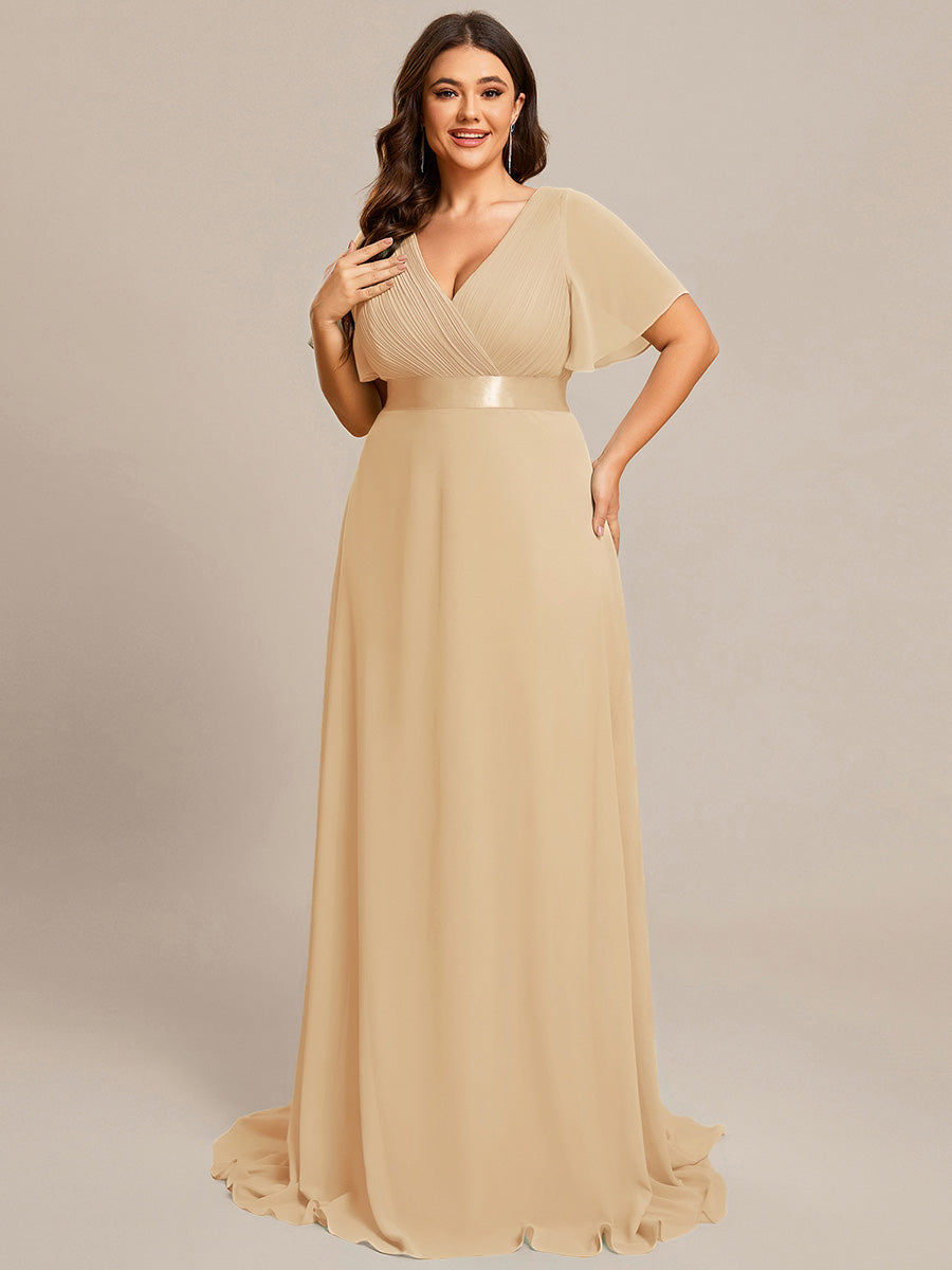 Plus Size Empire Waist V Back Bridesmaid Dress with Short Sleeves