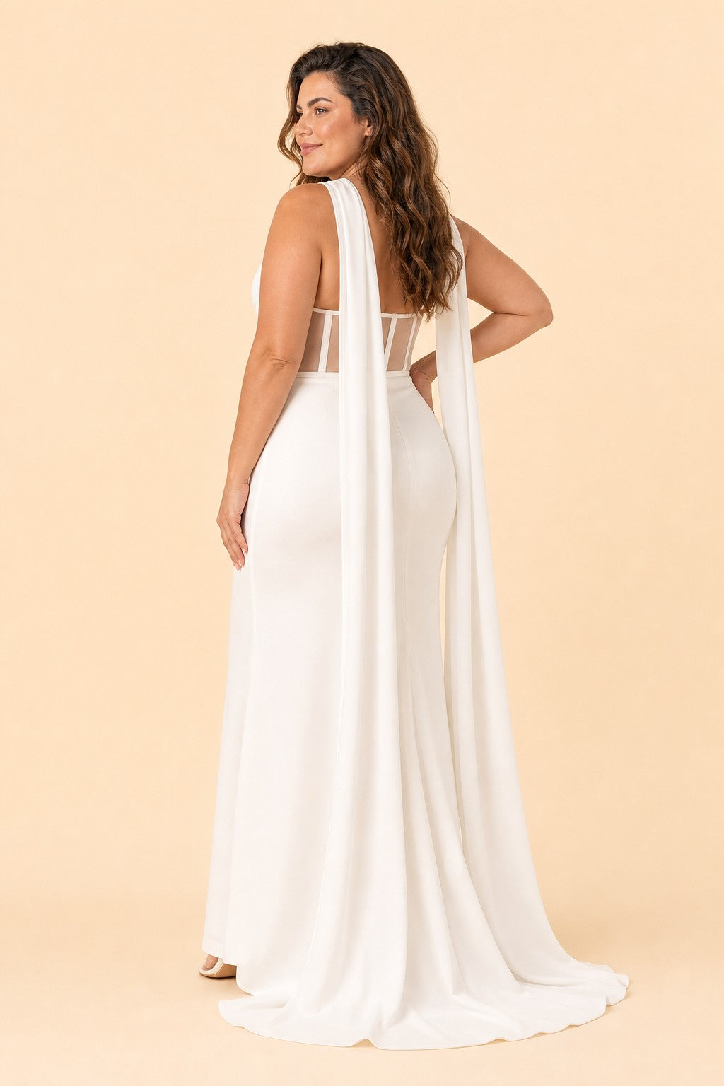 Elegant Plus Size Bridal Gown with Asymmetrical Draping Corset Boning Scarf Accent and Open Back