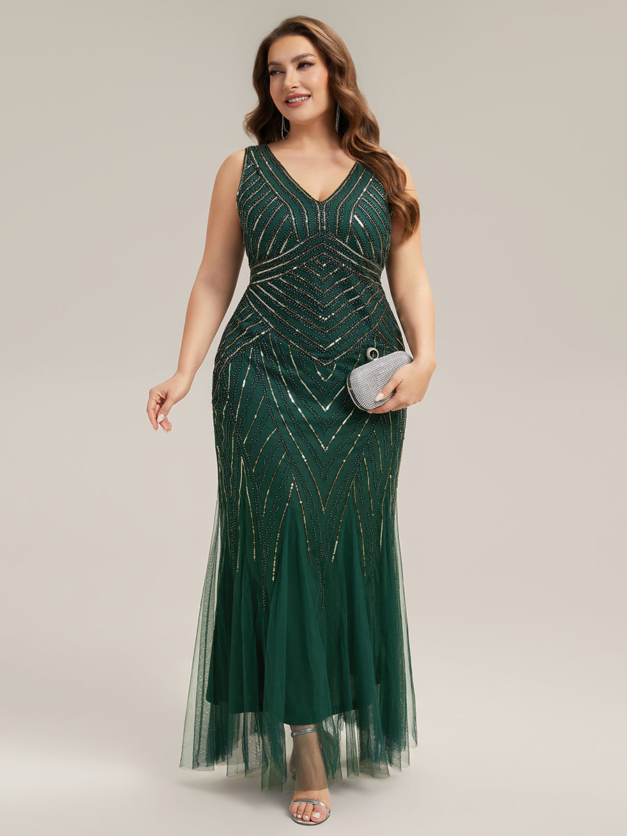 Plus Size Deep V-Neck Bead Embroidery Evening Dress