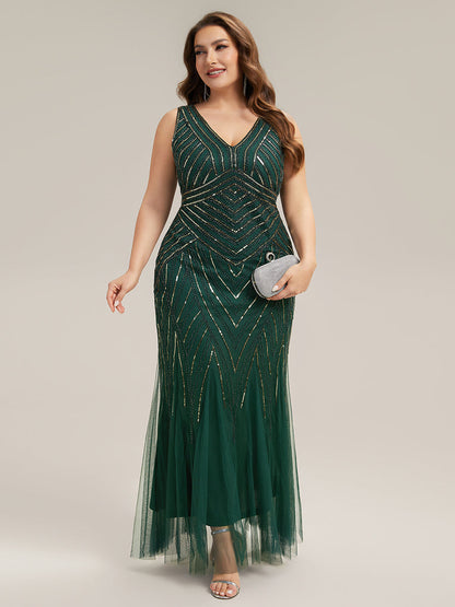 Plus Size Deep V-Neck Bead Embroidery Evening Dress