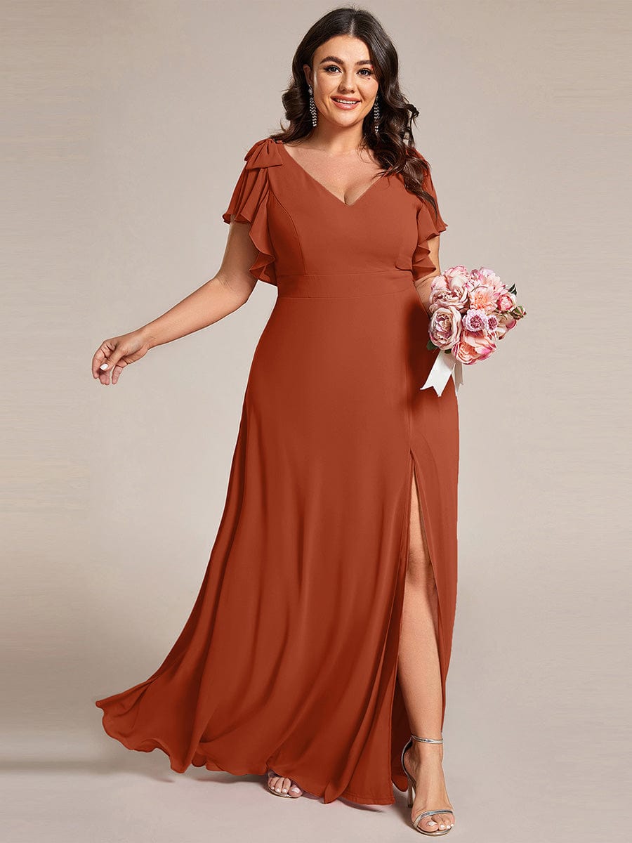 Plus Size Split Ruffles Sleeves with Bowknot Double V-neck Chiffon Bridesmaid Dress