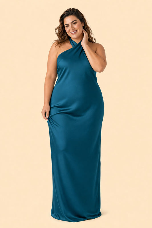 Elegant Plus Size Halter Neck Stretch Satin Bridesmaid Dress