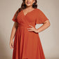 Plus Size Chiffon Short Sleeves Pleated V-Neck A-Line Midi Wedding Guest Dress