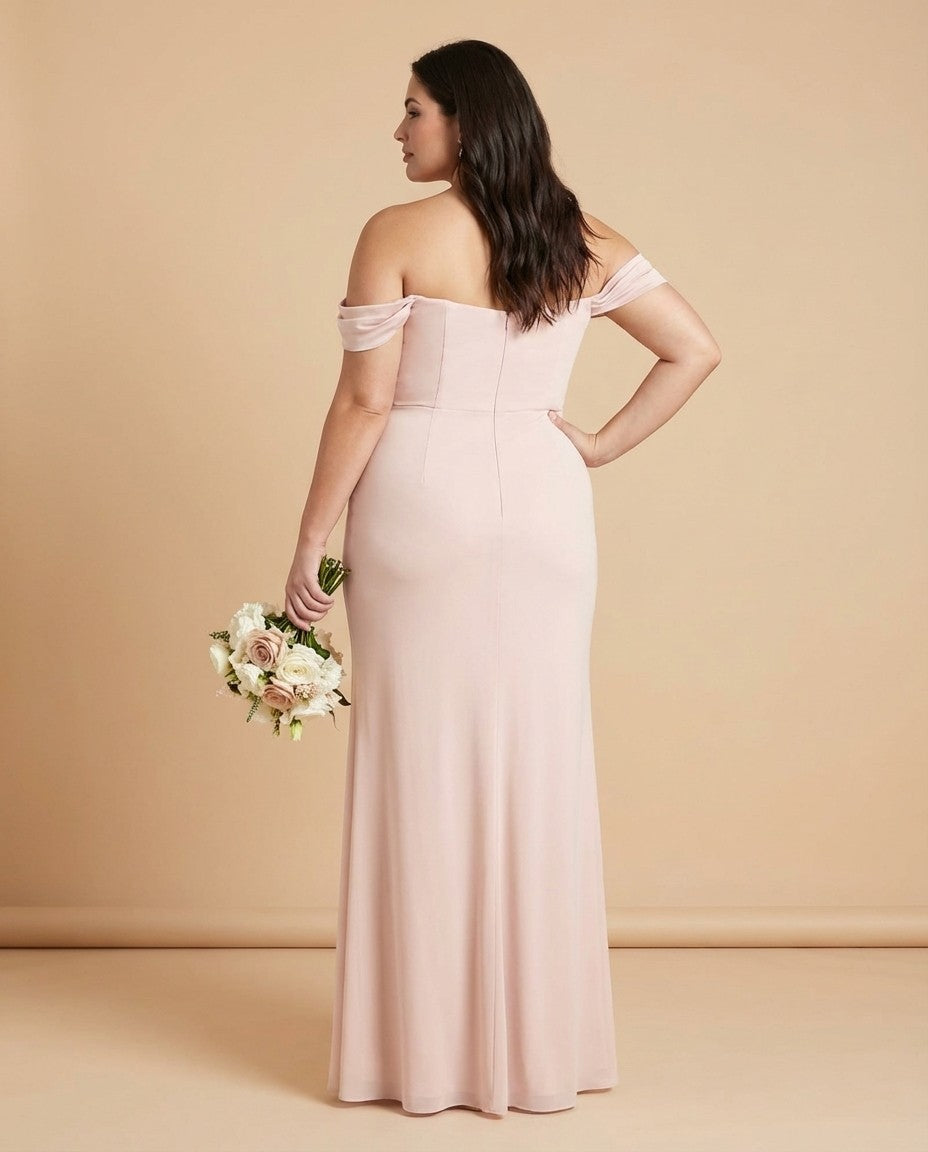 Elanthia Plus Size Off The Shoulder Mesh Bridesmaid Dress With Leg Slit For Wedding Party -N0346