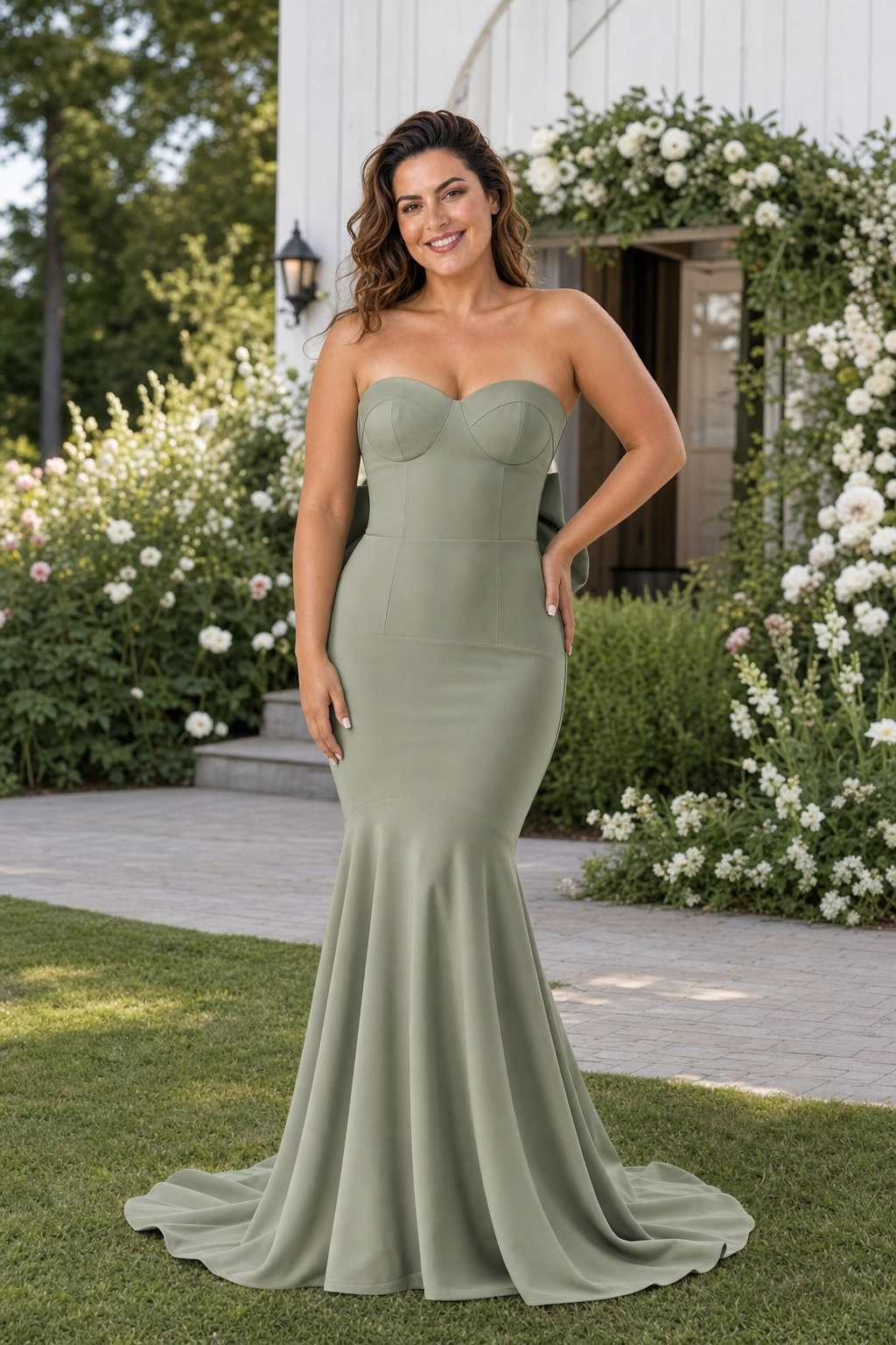 Plus Size Strapless Bridesmaid Dress with Bow Back and Chapel Train
