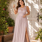 Plus Size Lace Bridesmaid Dress with Slit and Pockets Elegant A-Line Chiffon Open Back Formal Gown