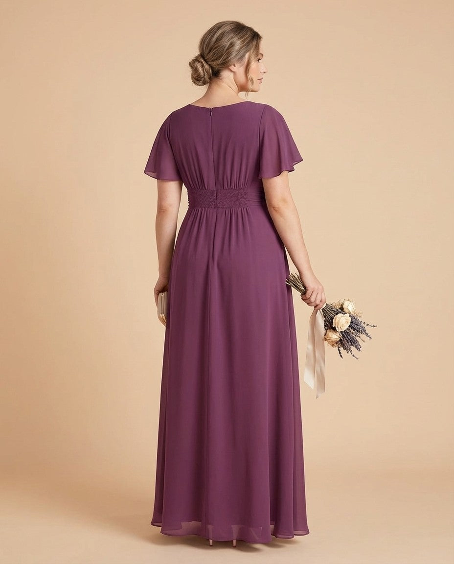Petaline Plus Size Chiffon A-Line Bridesmaid Gown with Short Flutter Sleeves N0326
