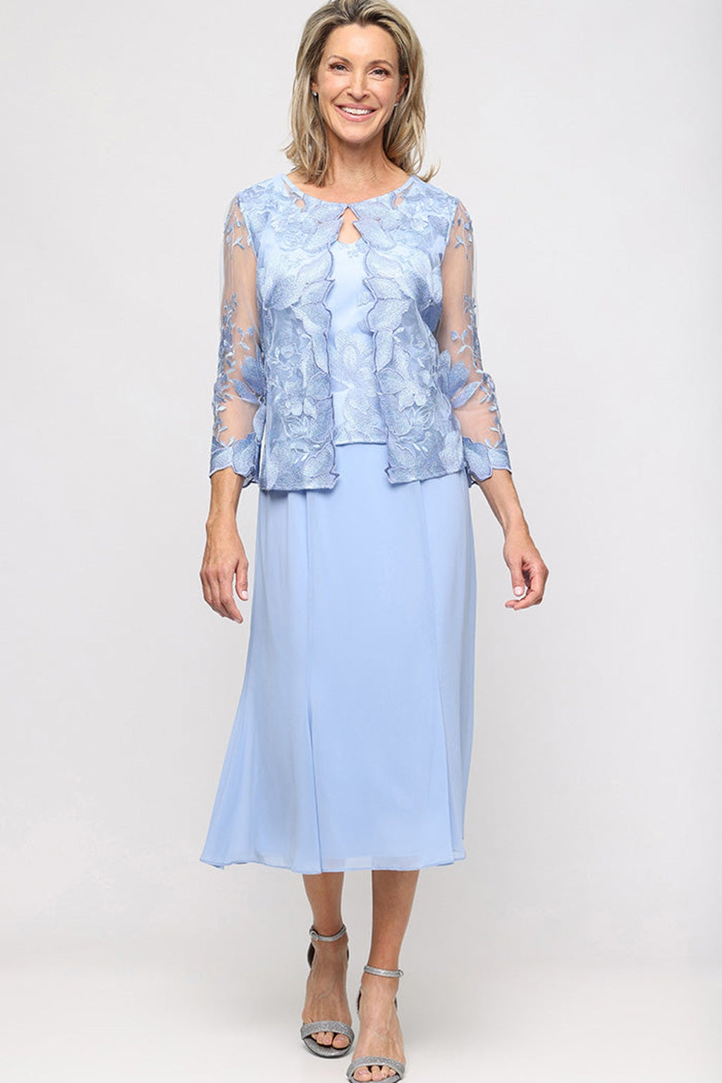 Plus Attached Jacket Dress With Illusion Sleeves & Scallop Detail