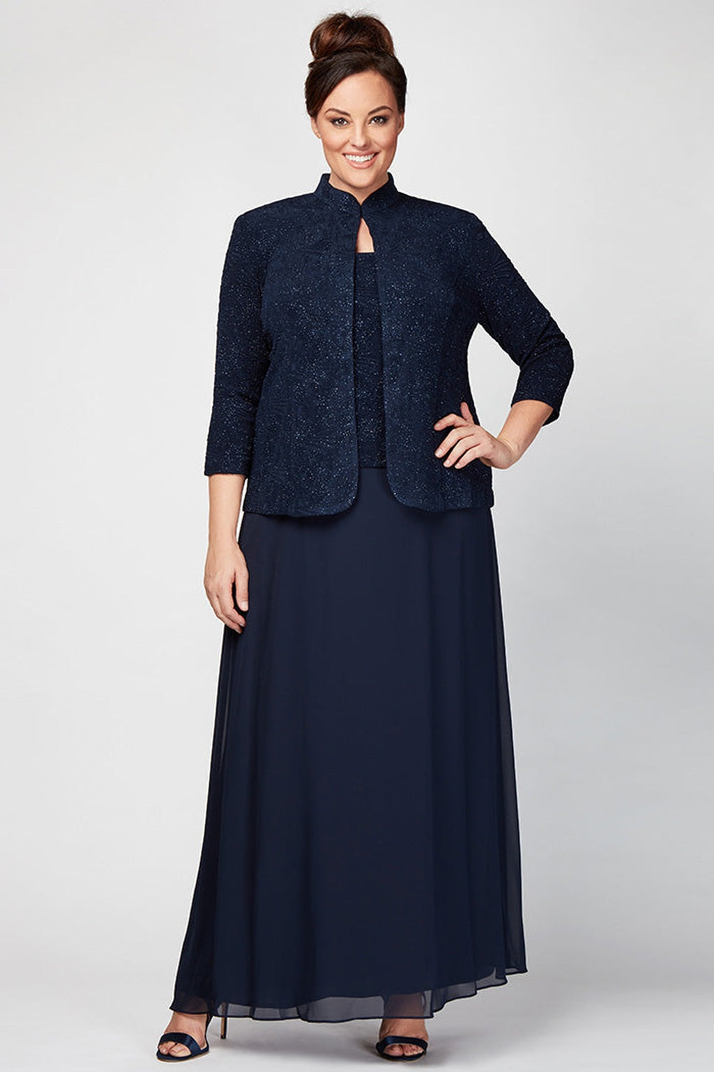 Plus Glitter Jacquard Knit Jacket Dress with Mandarin Neckline
