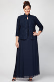 Plus Glitter Jacquard Knit Jacket Dress with Mandarin Neckline