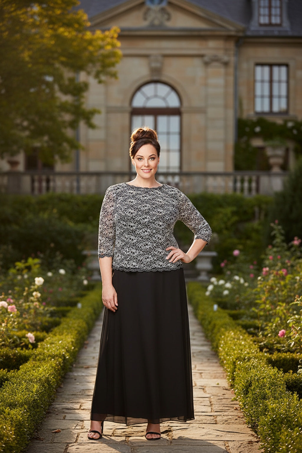 Plus Long Gown with Lace Bodice with Scalloped Hem and Chiffon Skirt