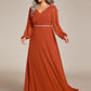 Plus Size A-Line V-Neck See-Through Long Sleeves Shiny Belt Chiffon Evening Dress