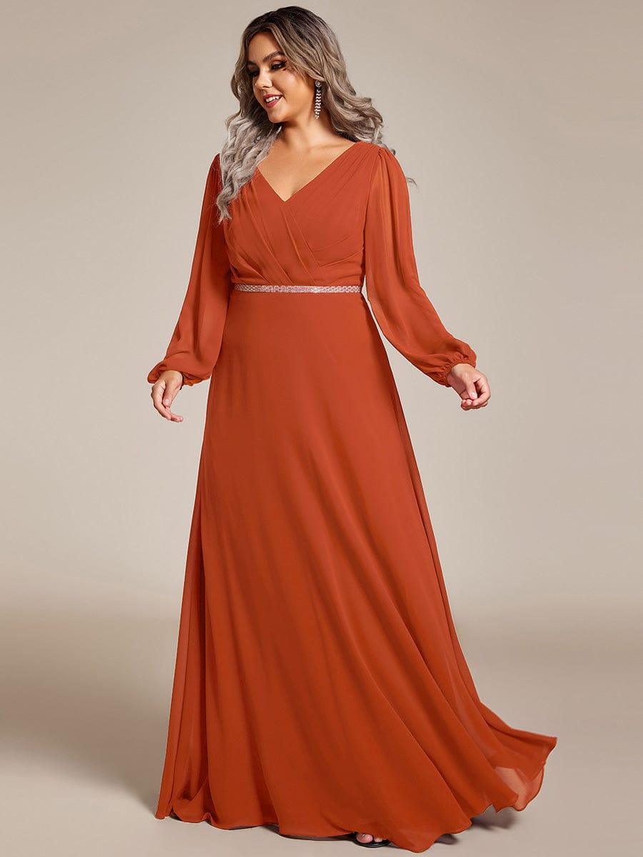 Plus Size A-Line V-Neck See-Through Long Sleeves Shiny Belt Chiffon Evening Dress