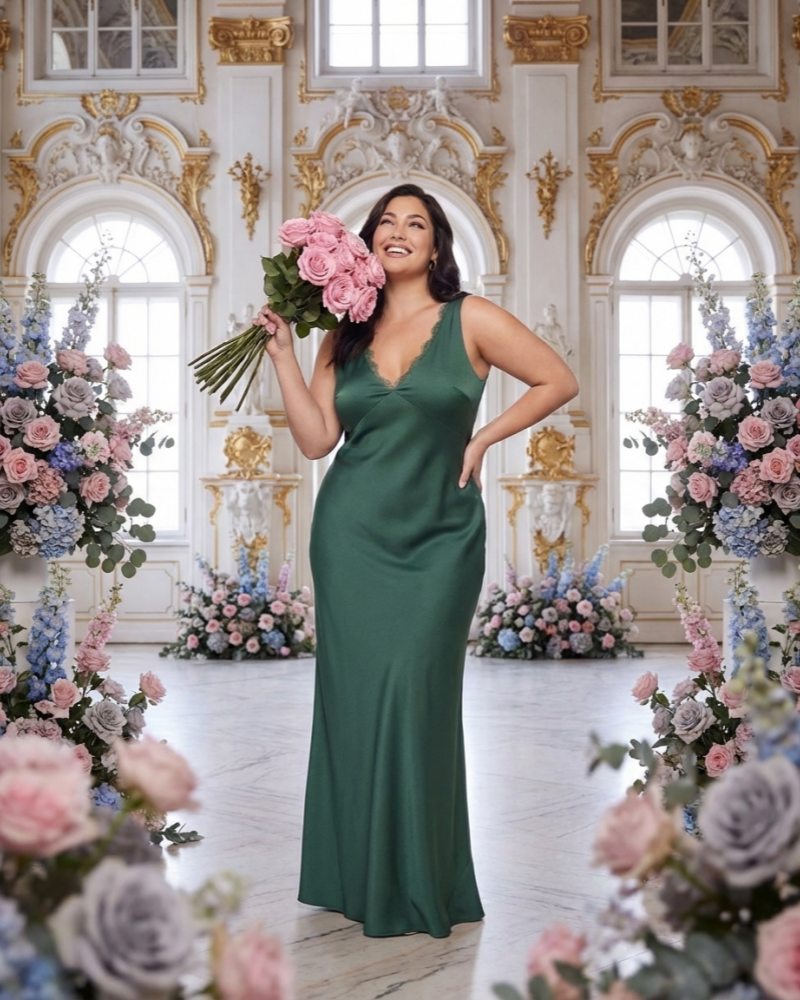 Silvarelle Modern Plus Size Sheath Bridesmaid Dress in Stretch Satin for Formal Wedding -N0357